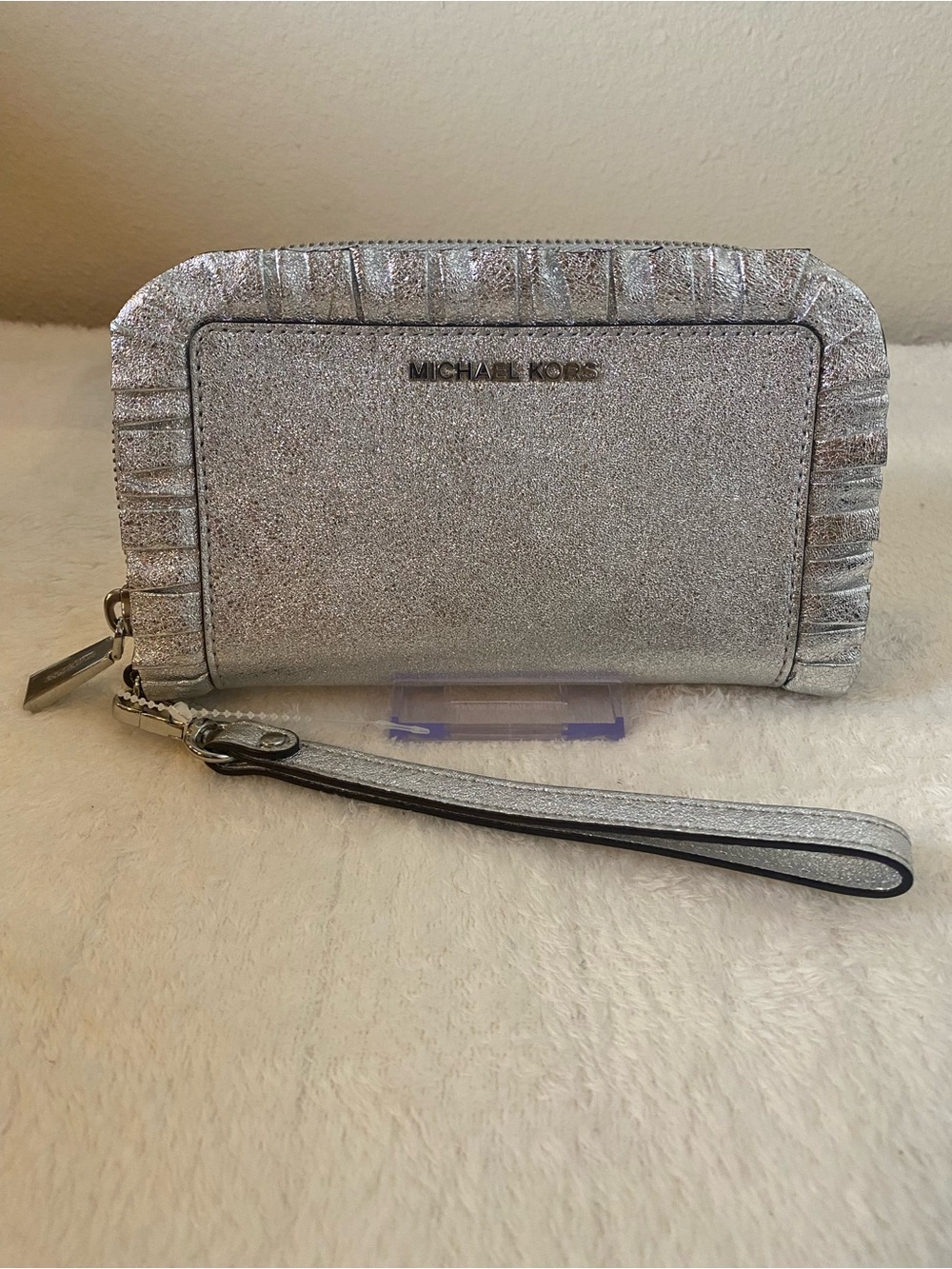 Michael Kors Sparkle Silver Metallic Ruffle Continental Wristlet Wallet